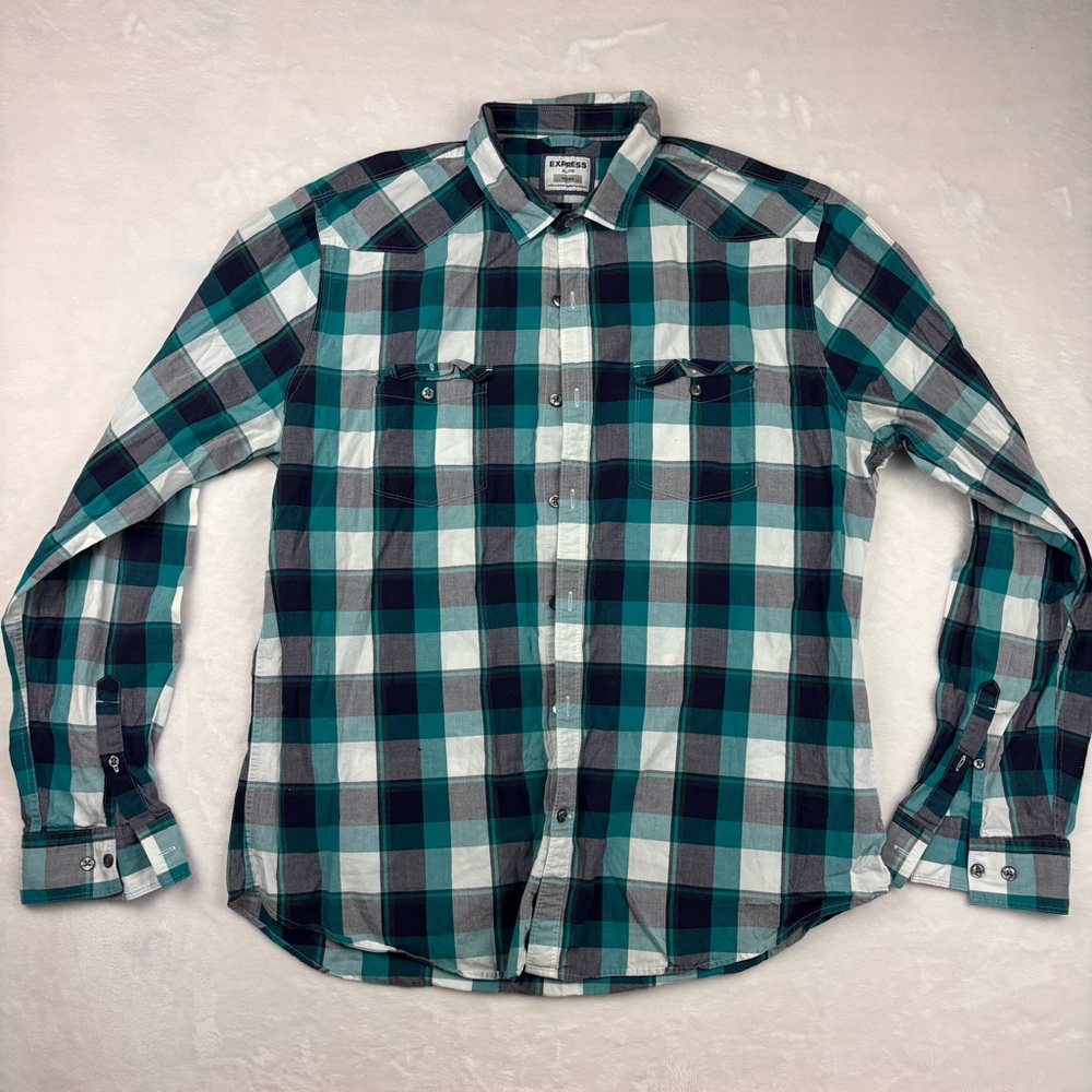 Men's Teal and Black Plaid Shirt